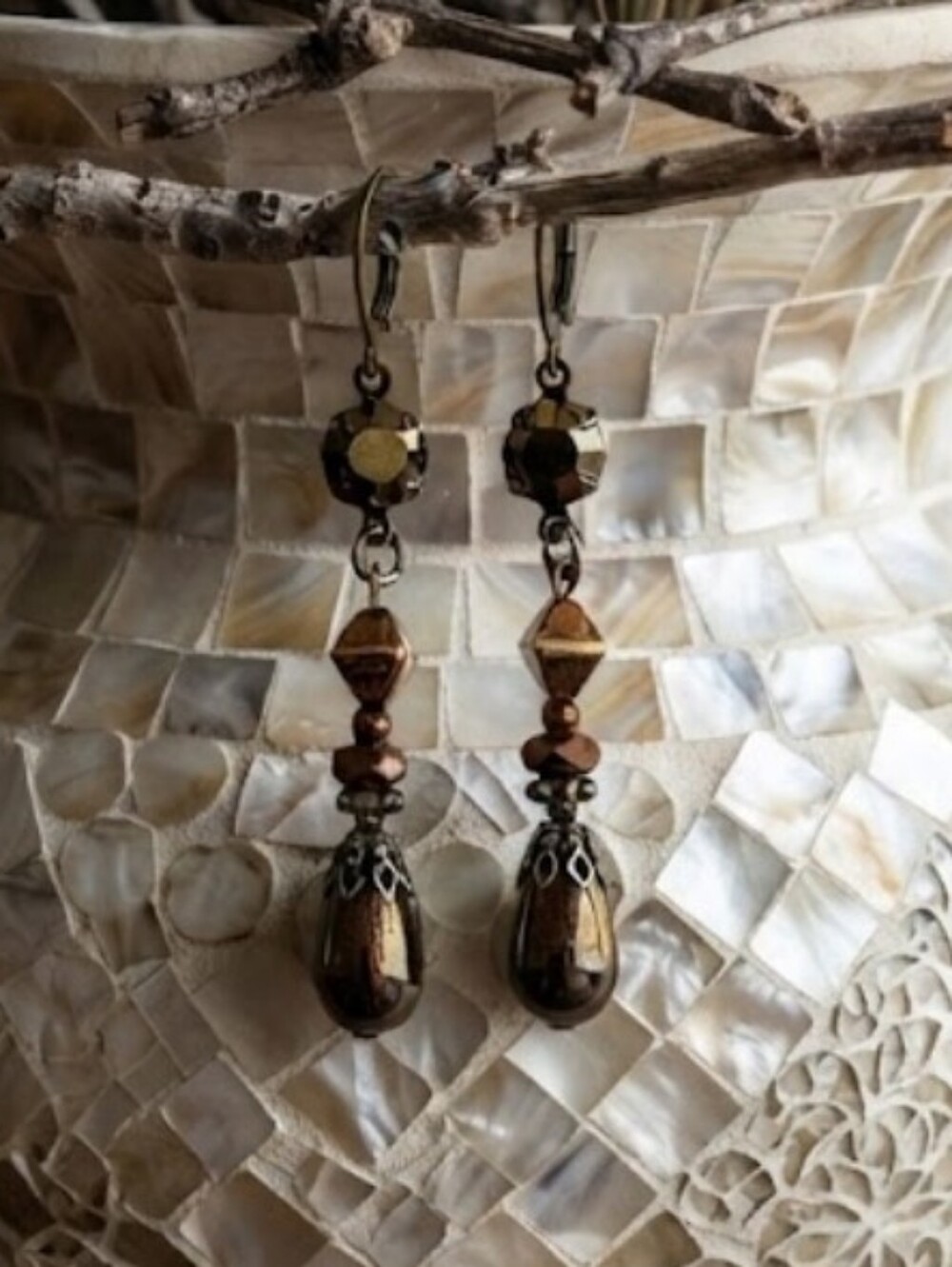 Victorian Metallic Brown Crystal & Glass In Rustic Antique Bronse Earrings